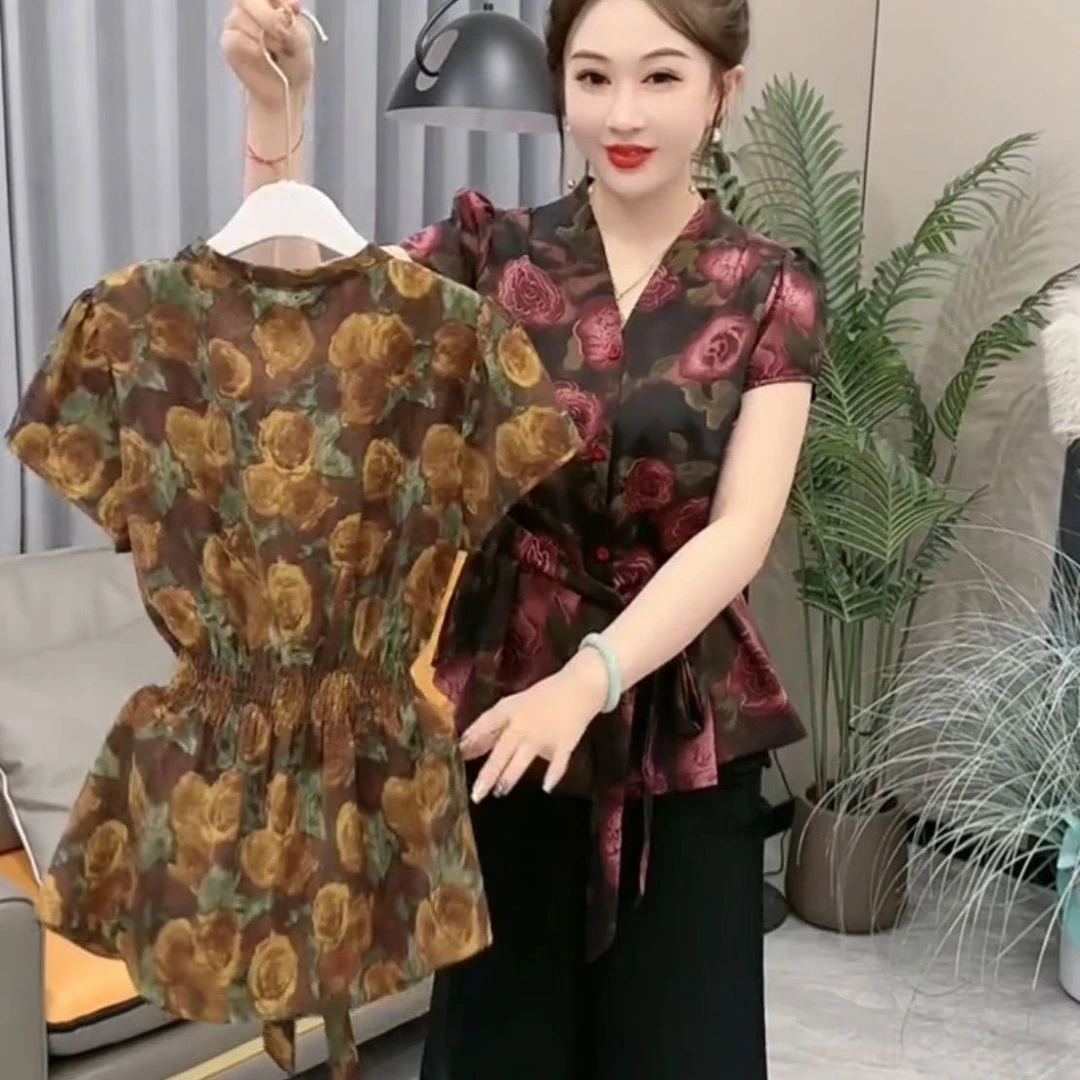 洋气V领雪纺短袖衬衫女2025夏季新款设计感绑带收腰减龄小衫上衣