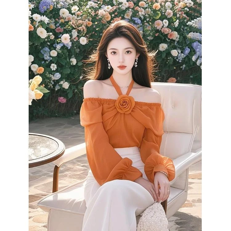 法式露肩挂脖立体花朵雪纺衬衫女装春季独特漂亮高级感一字肩上衣