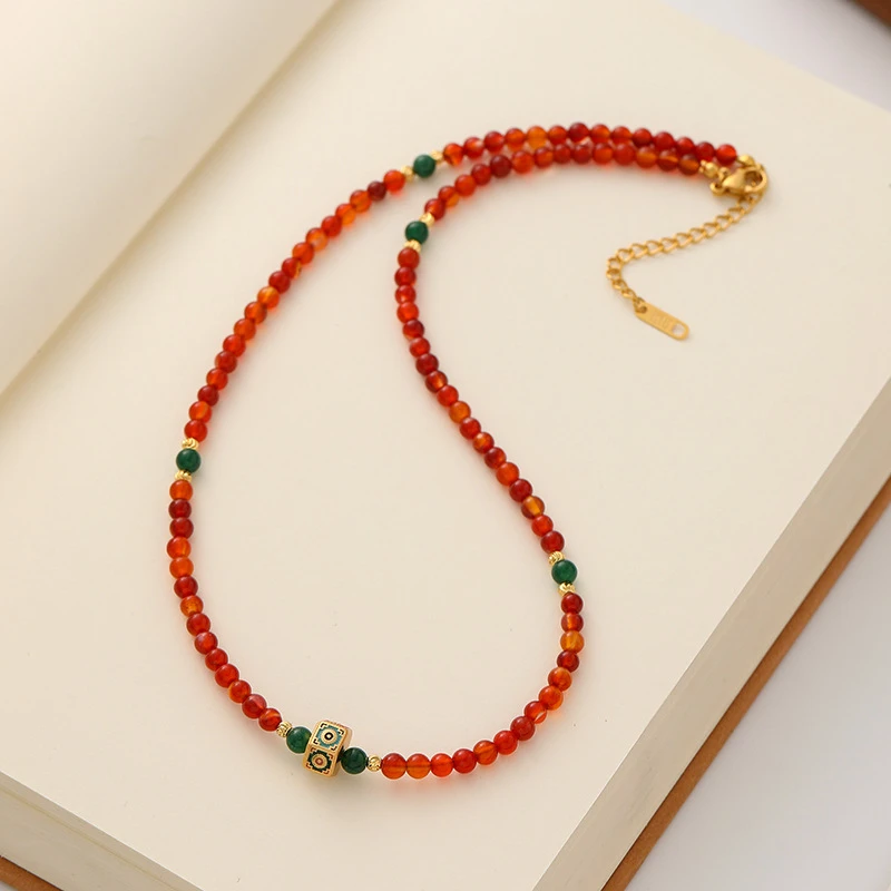 铜项链 新中式复古百搭民族风手工新年项链长链彩色链子配饰颈链