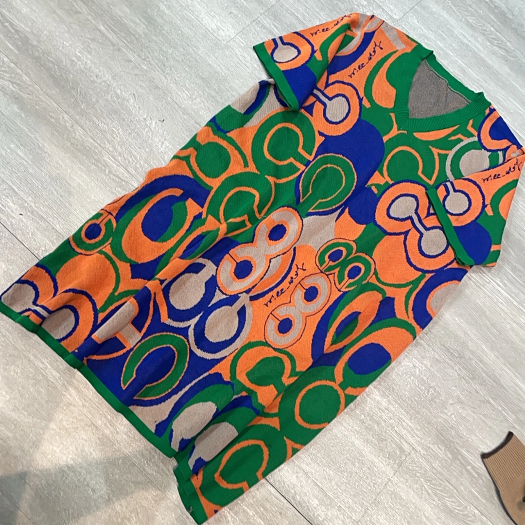 气质圆形印花短袖遮肚显瘦中长款短袖连衣裙-果梓004