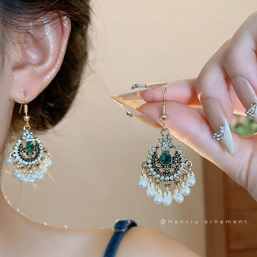 铜合金锆石耳饰 镶圆形流苏耳钩复古民族风个性夸张耳环小众设计