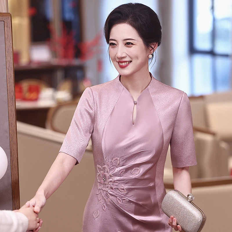 新款喜婆婆旗袍婚宴装粉色短袖气质优雅显瘦喜婆婆礼服