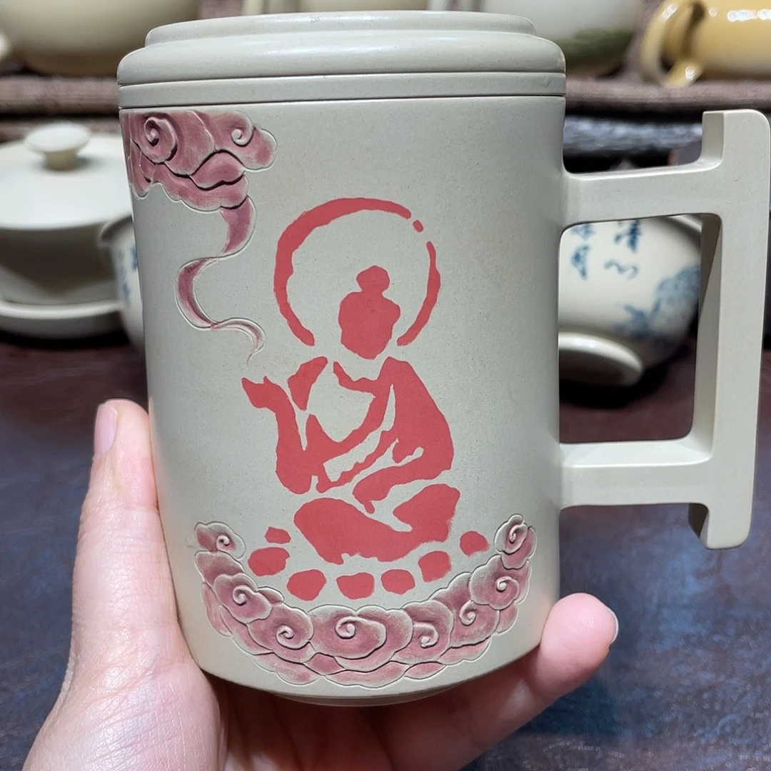 泥塑王天龙双层带茶滤办公杯