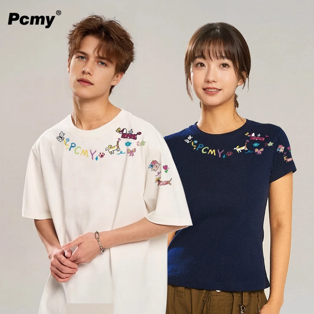 PCMY卡通小狗印花潮短袖T恤2025夏季新款情侣装小众圆领半袖上衣