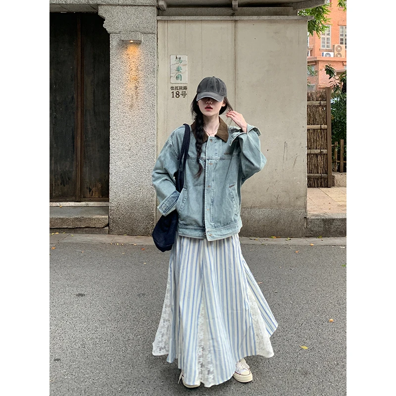 韩系复古撞色拼接翻领牛仔夹克外套女春秋季新款宽松百搭工装上衣