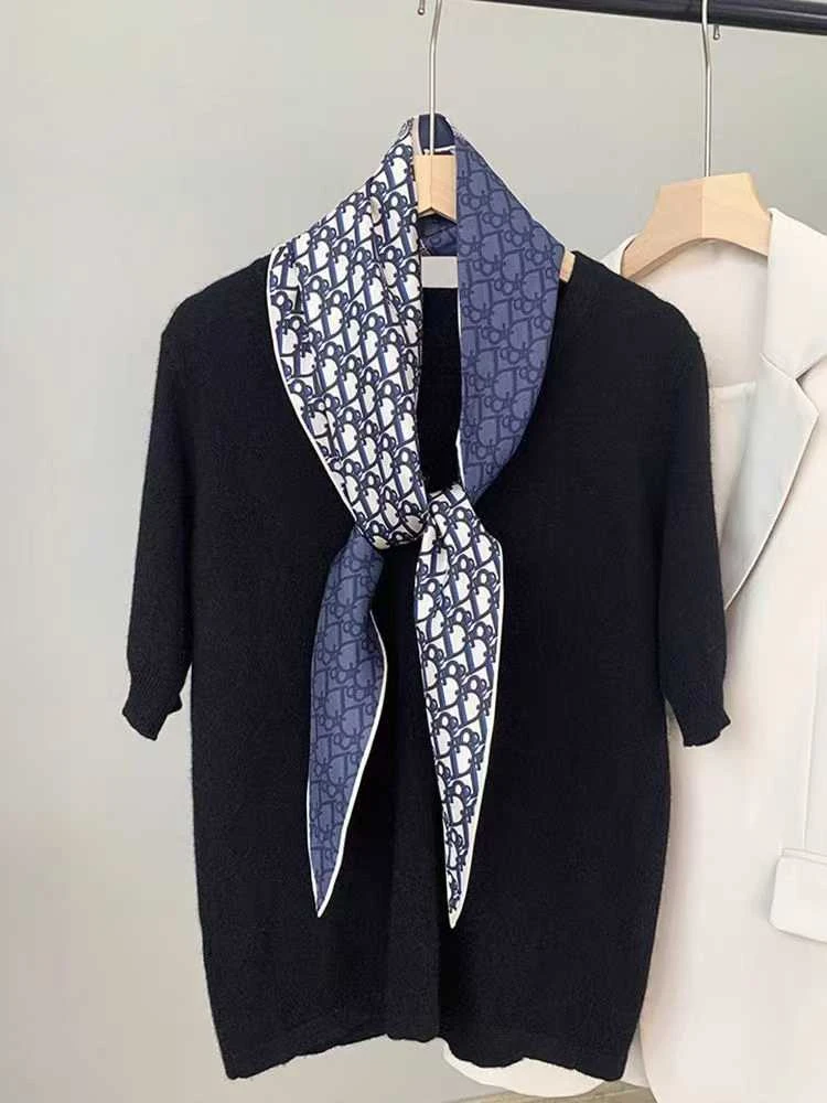 桑蚕丝双面斜纹16姆米 蓝色d字母 150*30菱形巾女士丝巾真丝G037