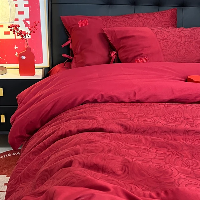 优雅浪漫玫瑰提花喜字婚庆结婚四件套棉棉轻奢感床上用品夏凉被