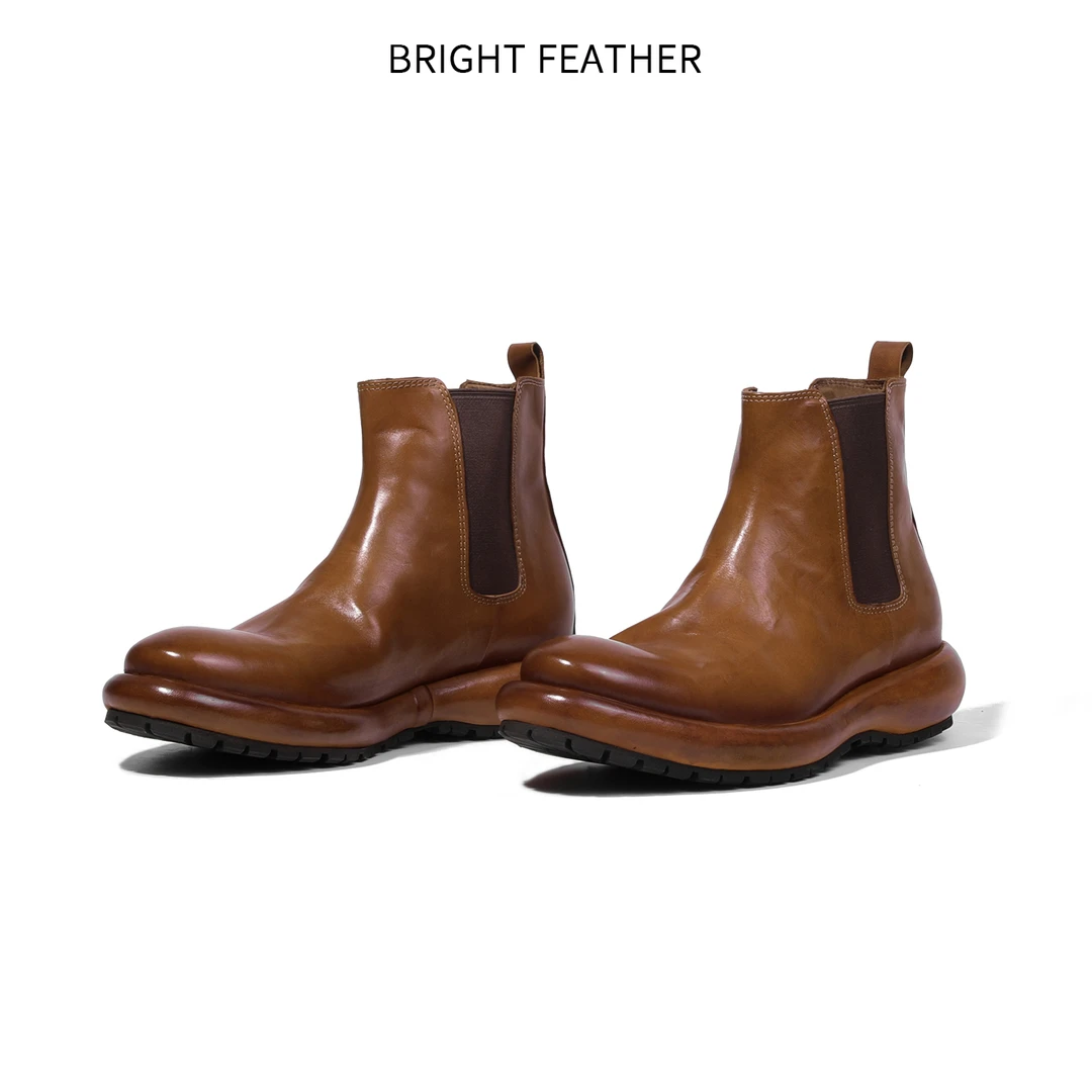 BRIGHT FEATHER秋冬新款马皮切尔西靴男增高厚底男士真皮套脚皮靴