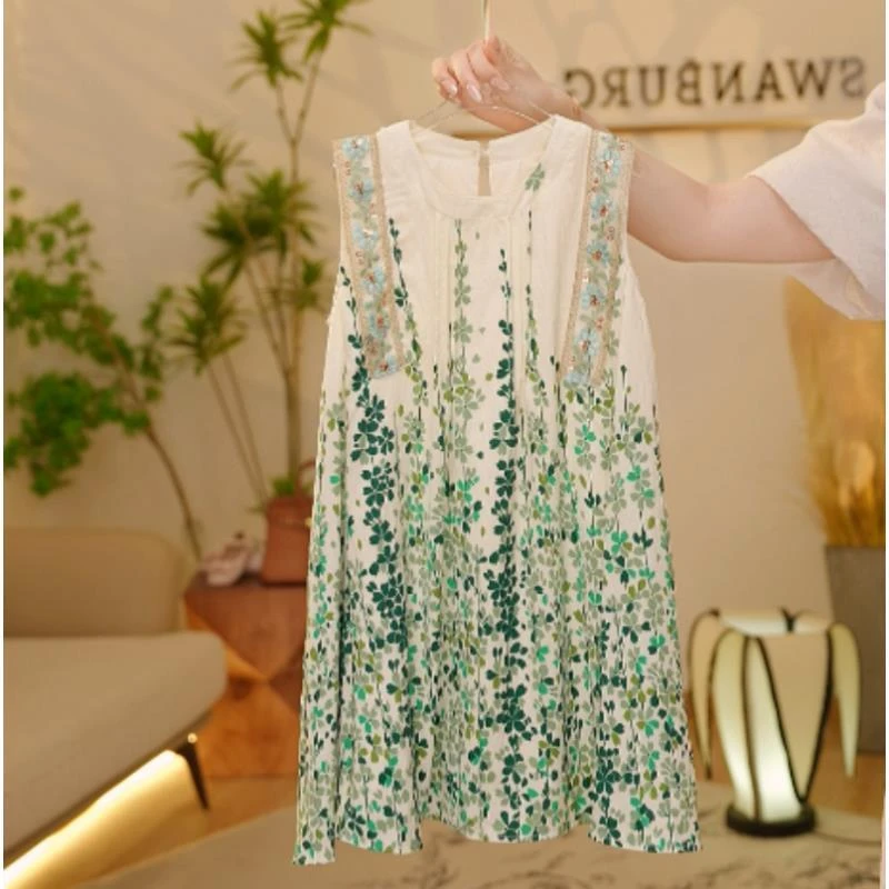 【Y.d7092】2025新款女童连衣裙女宝日常国风印花甜美重工夏款裙子