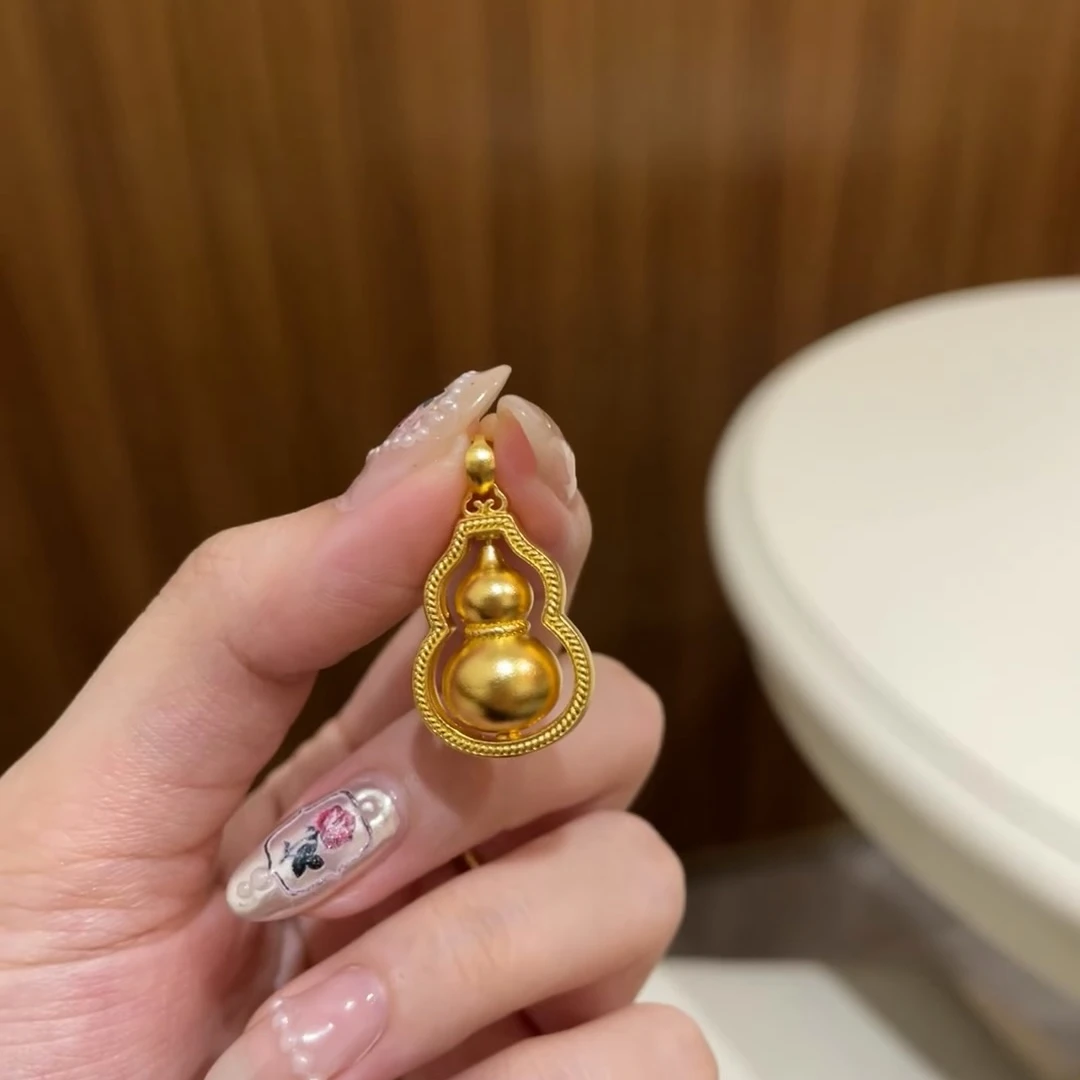 足金999真金纯黄金古法时来运转葫芦吊坠
