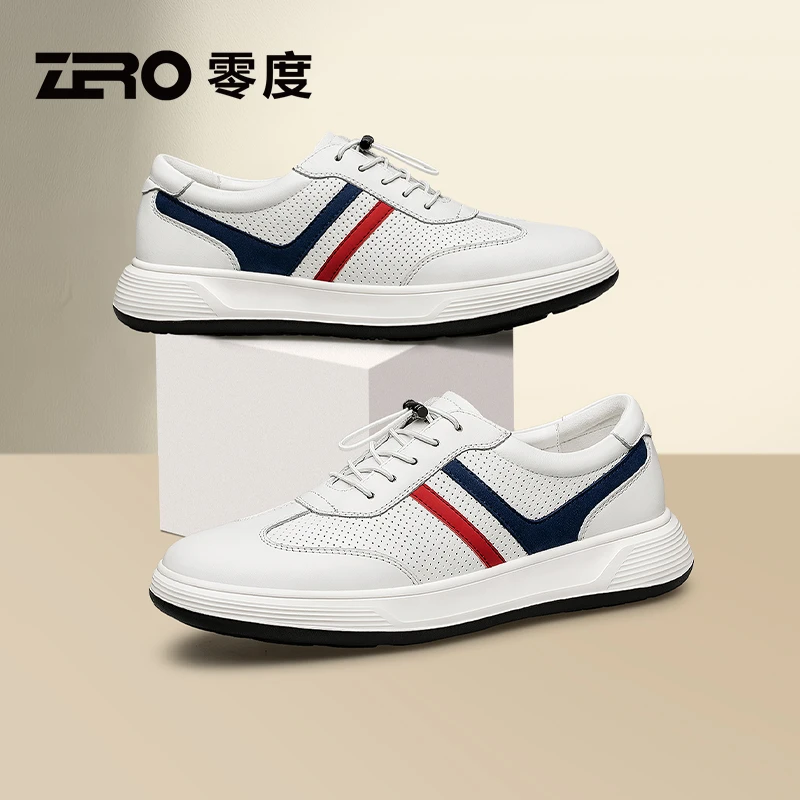 零度男鞋2025春季新款拼色圆头时尚休闲鞋镂空透气真皮休闲皮鞋