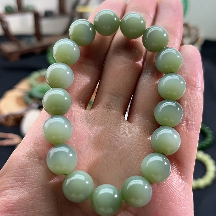 和田玉颈饰未镶嵌碧玉粉青-天青色-12mm手串