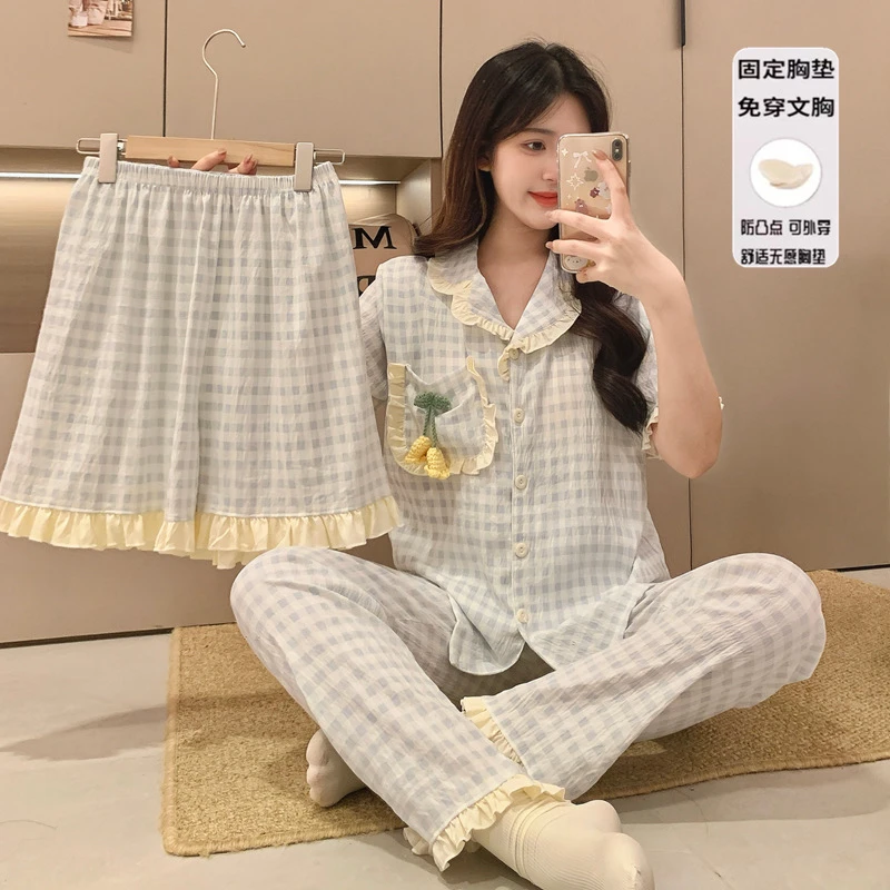 韩版甜美带胸垫短袖女夏季碎花睡衣可外穿家居服