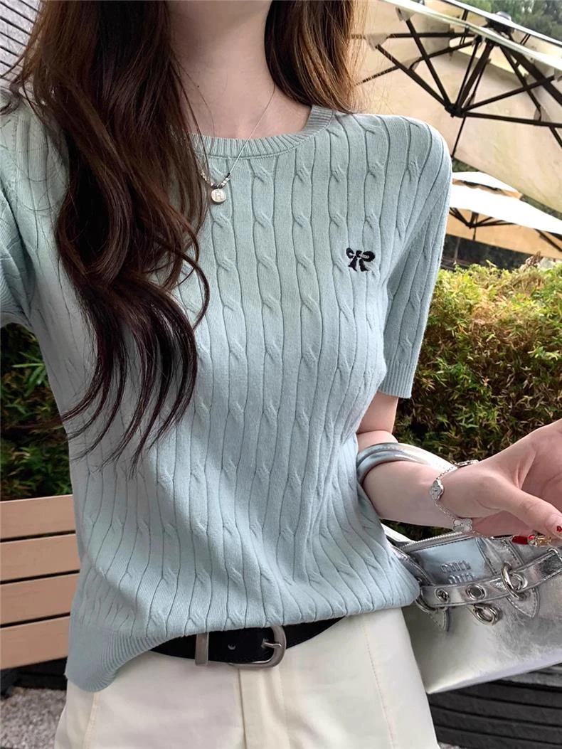 绝美黄色冰丝刺绣麻花针织短袖t恤女夏季超好看修身短款正肩上衣T