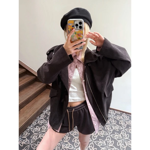 SANSTORE UN MUTE 棕色阔肩灯芯绒外套 25秋冬