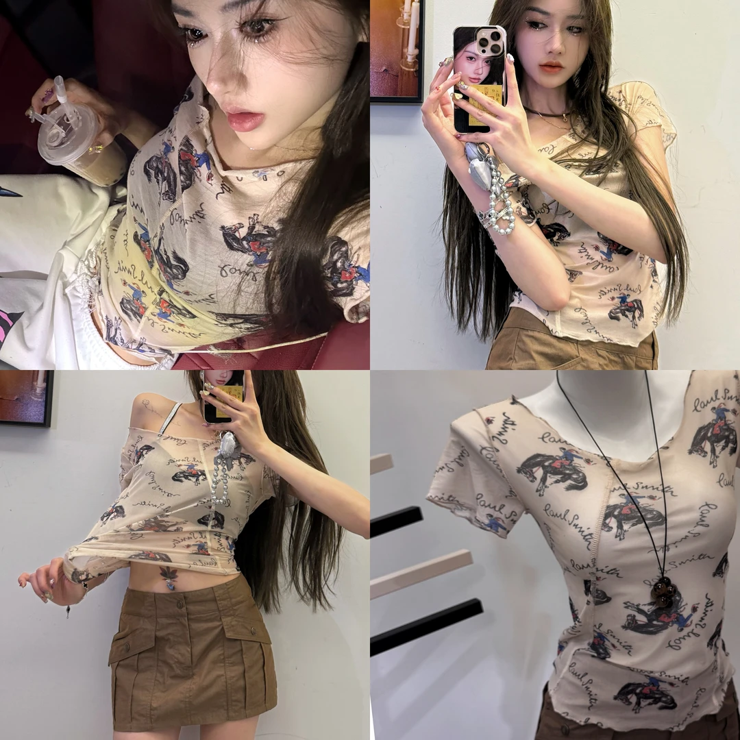 新品小众设计感印花不规则一字肩领短袖赛马T恤