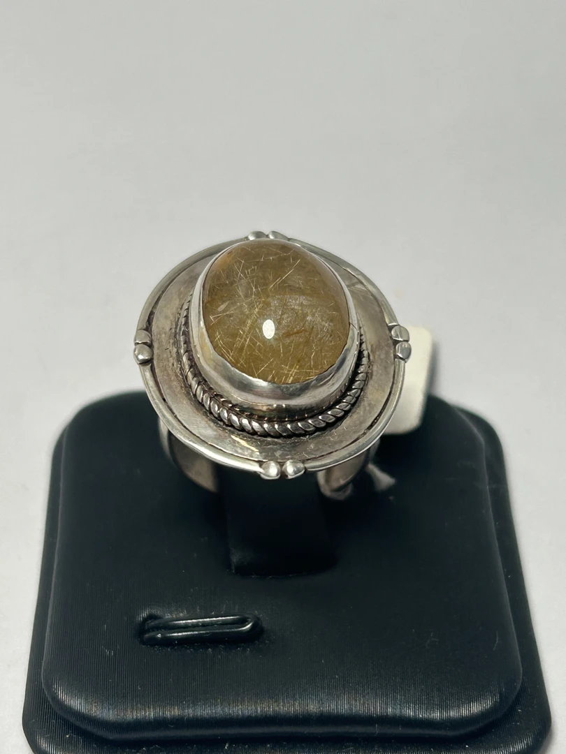 925银戒指 手工银镶嵌发晶戒指中古