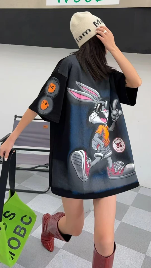 2025夏季纯棉时尚潮流欧货卡通动漫短袖女中长款字母甜美T恤