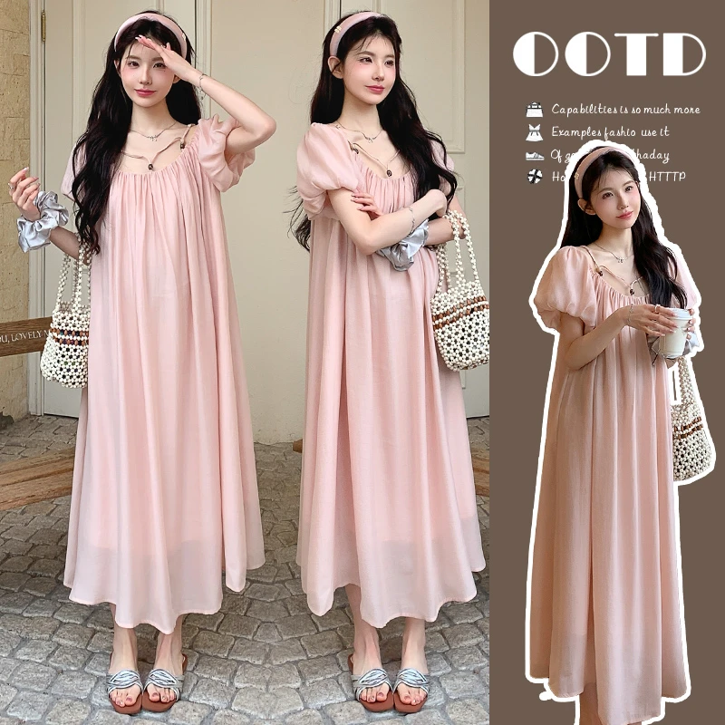 SuSu新款孕妇连衣裙夏季时尚法式一字领宽松显瘦大摆吊带连衣裙