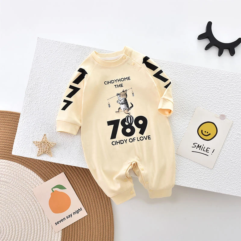 洋气婴儿连体衣春秋款宝宝长爬哈衣春天卡通猫个性装衣服