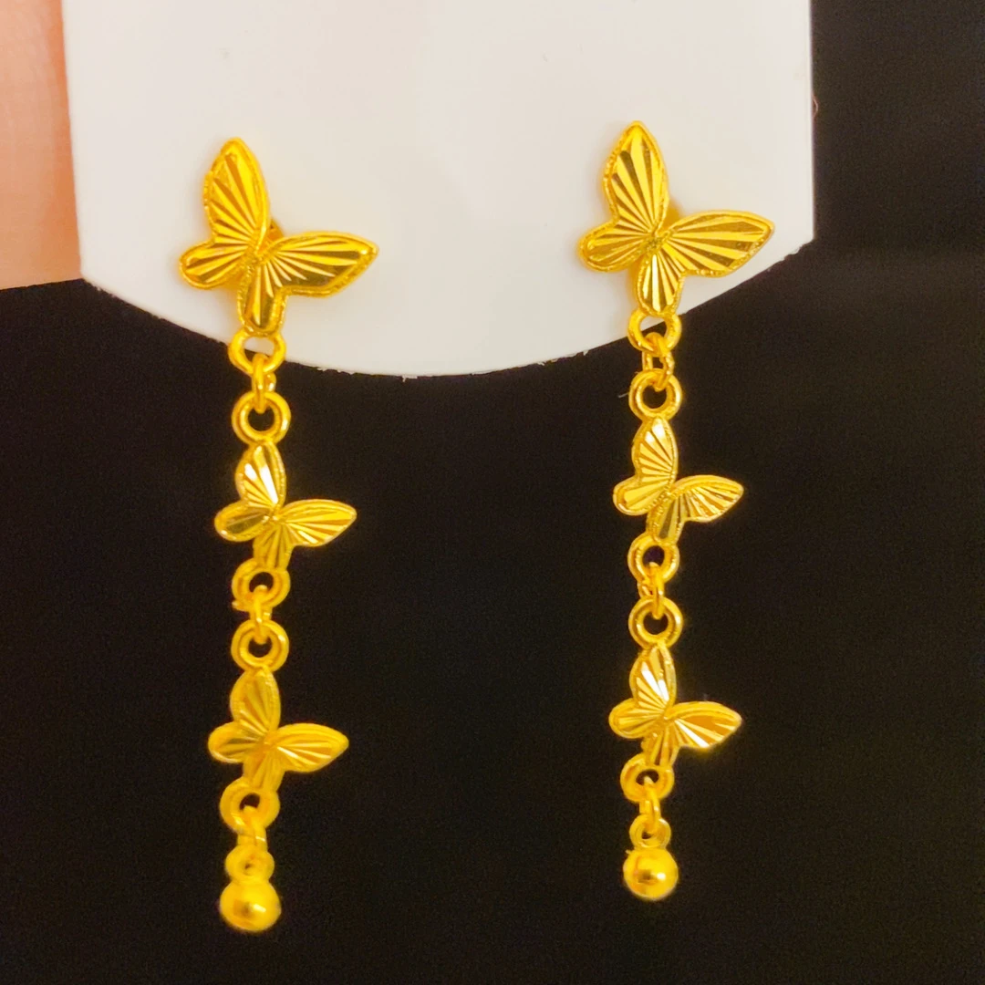 铜合金耳饰 【精工车花三蝴蝶耳钉】气质耳圈女轻奢金色耳饰