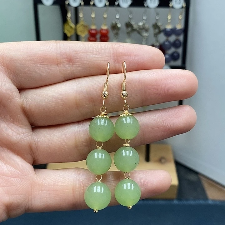 和田玉银S925镀金镶嵌耳饰10mm