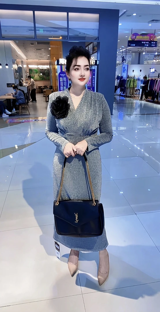 2025新款连衣裙时尚气质亮闪闪高档连衣裙带大花胸针洋气轻奢