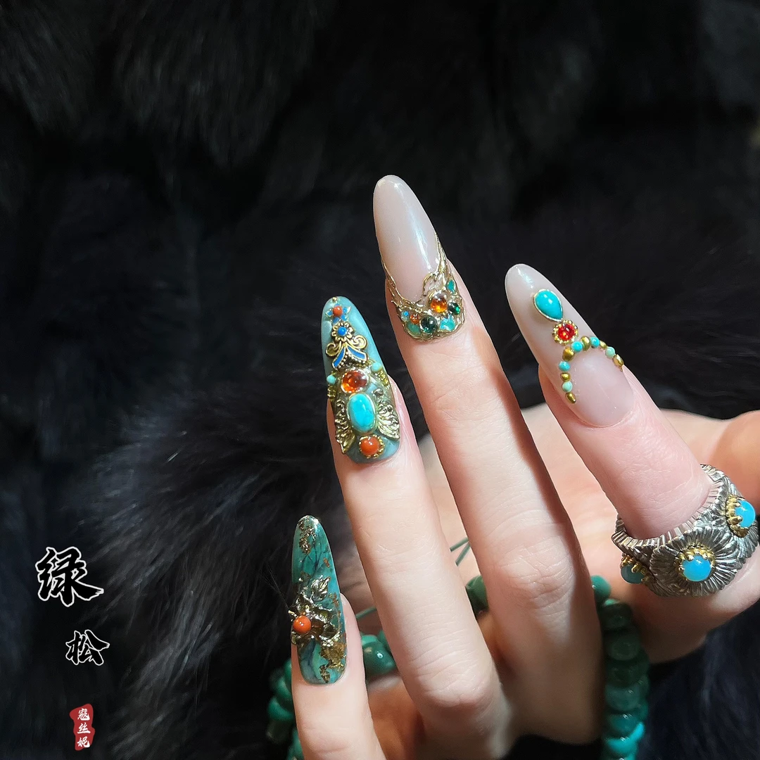寇丝妮[绿松2.0] 纯手工穿戴甲中长款新中式国风绿松石美甲