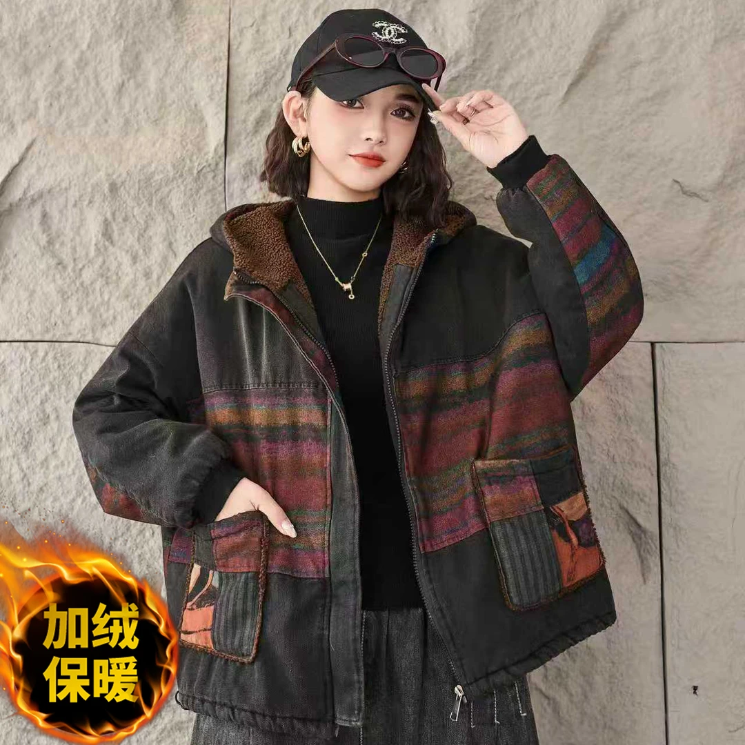 2025冬季新款加绒复古印花连帽牛仔棉服时尚百搭外套保暖宽松棉衣