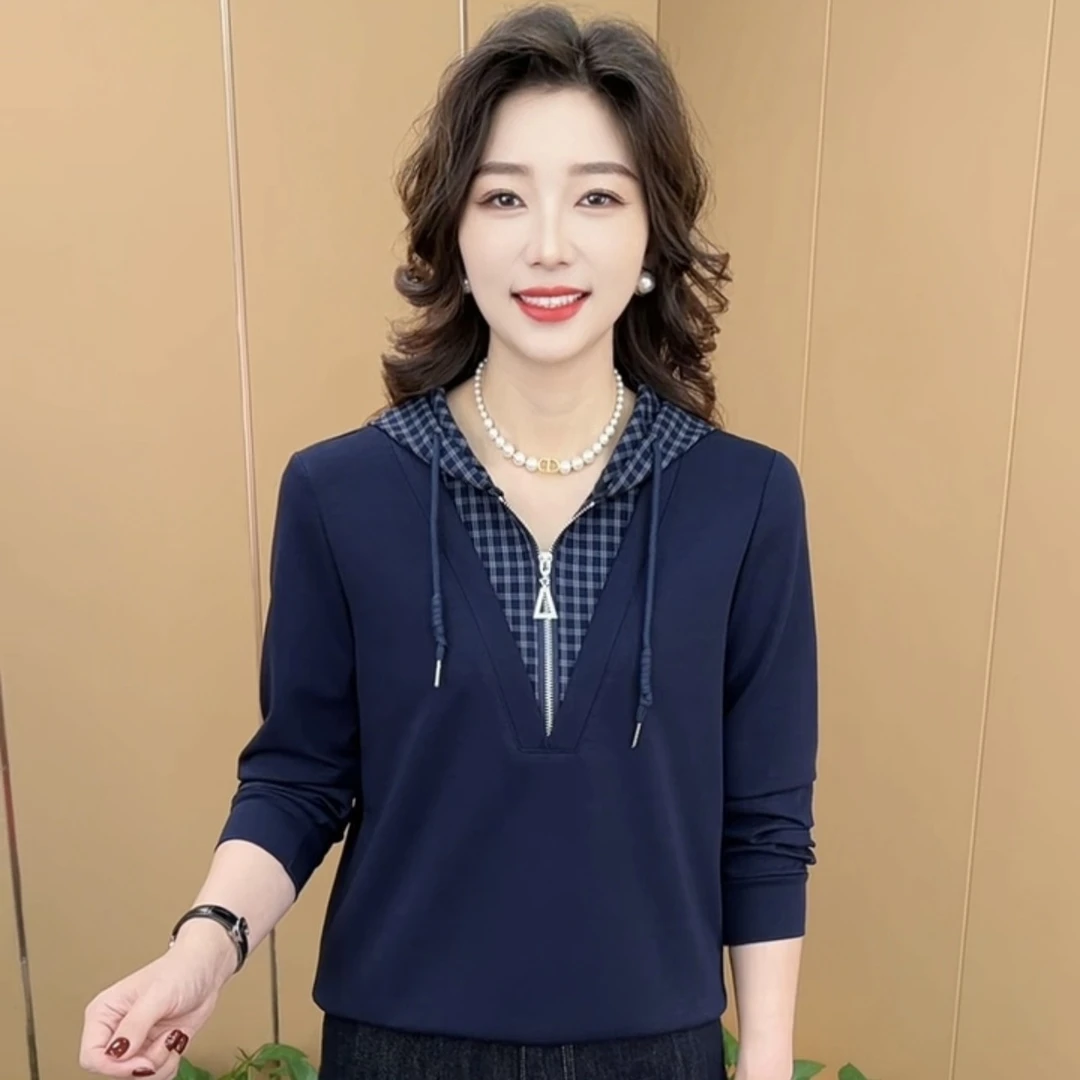 秋季新款时尚连帽假两件设计洋气妈妈装百搭休闲长袖上衣K8663
