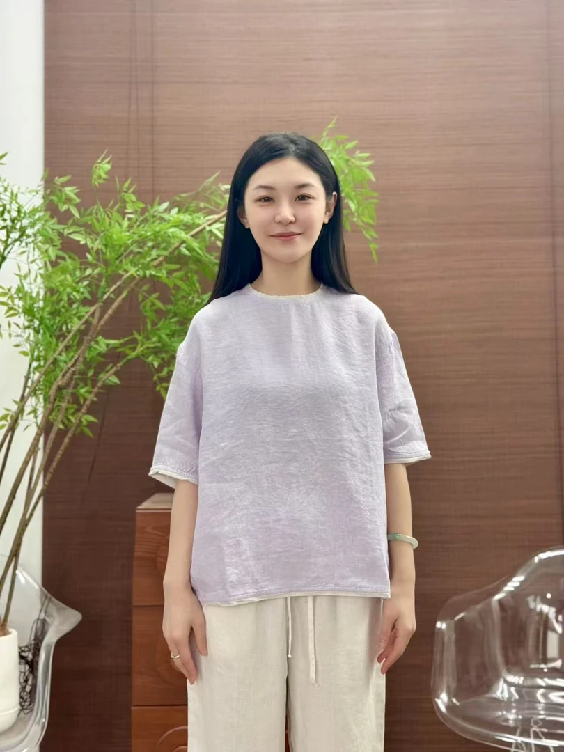 【撞色款】100%亚麻T恤女款上衣青春色靓丽显白透气17支纱线柔软