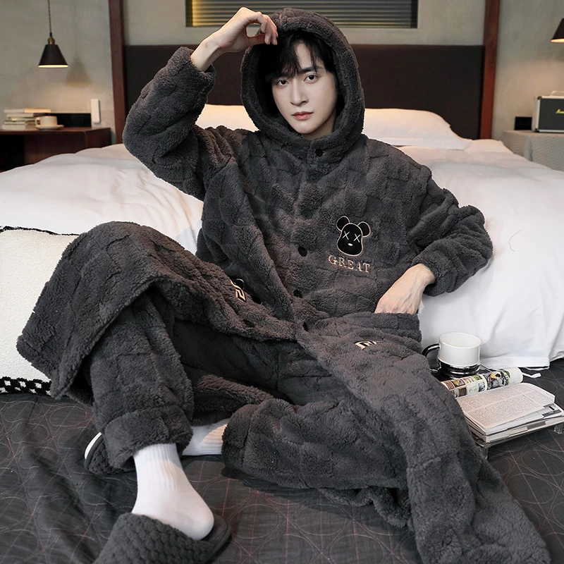 男士珊瑚绒睡袍连帽保暖秋冬季法兰绒睡衣男宽松家居服套装 1244