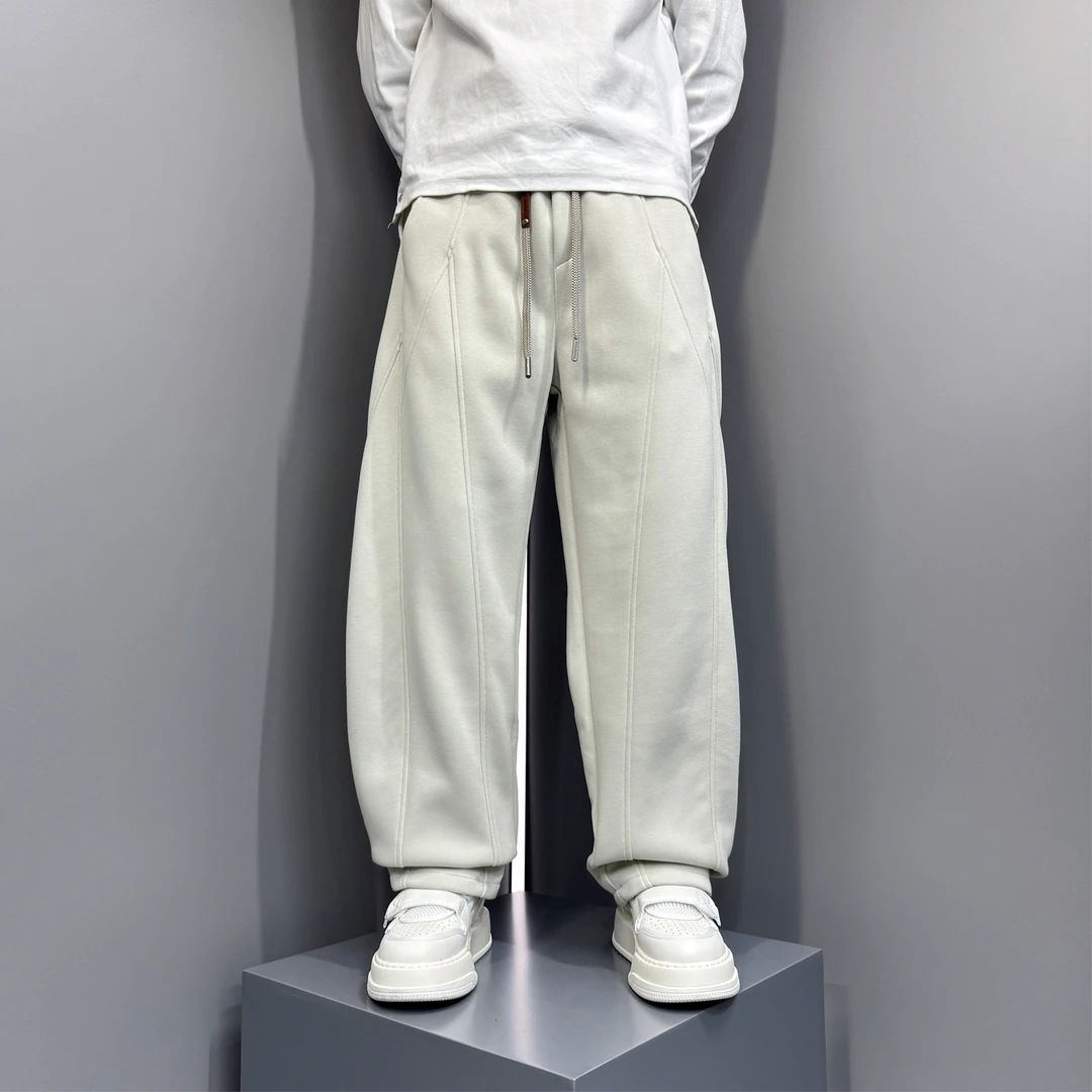 2025秋冬新款美式重磅加厚休闲裤男士宽松直筒拼接阔腿运动长裤子