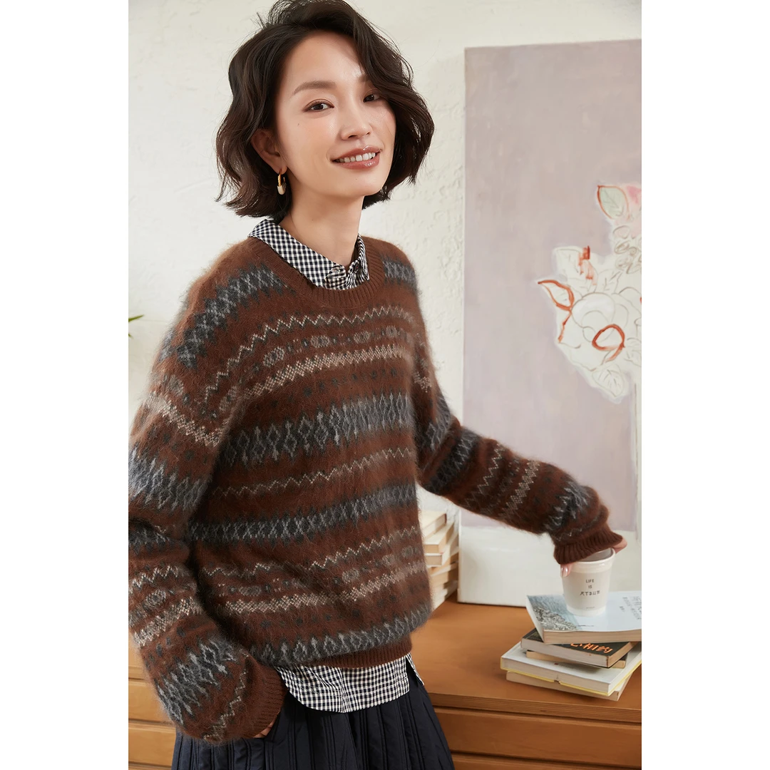 温暖拉绒品牌秋冬纯羊毛费尔岛提花毛衣女摩卡色软糯慵懒针织上衣