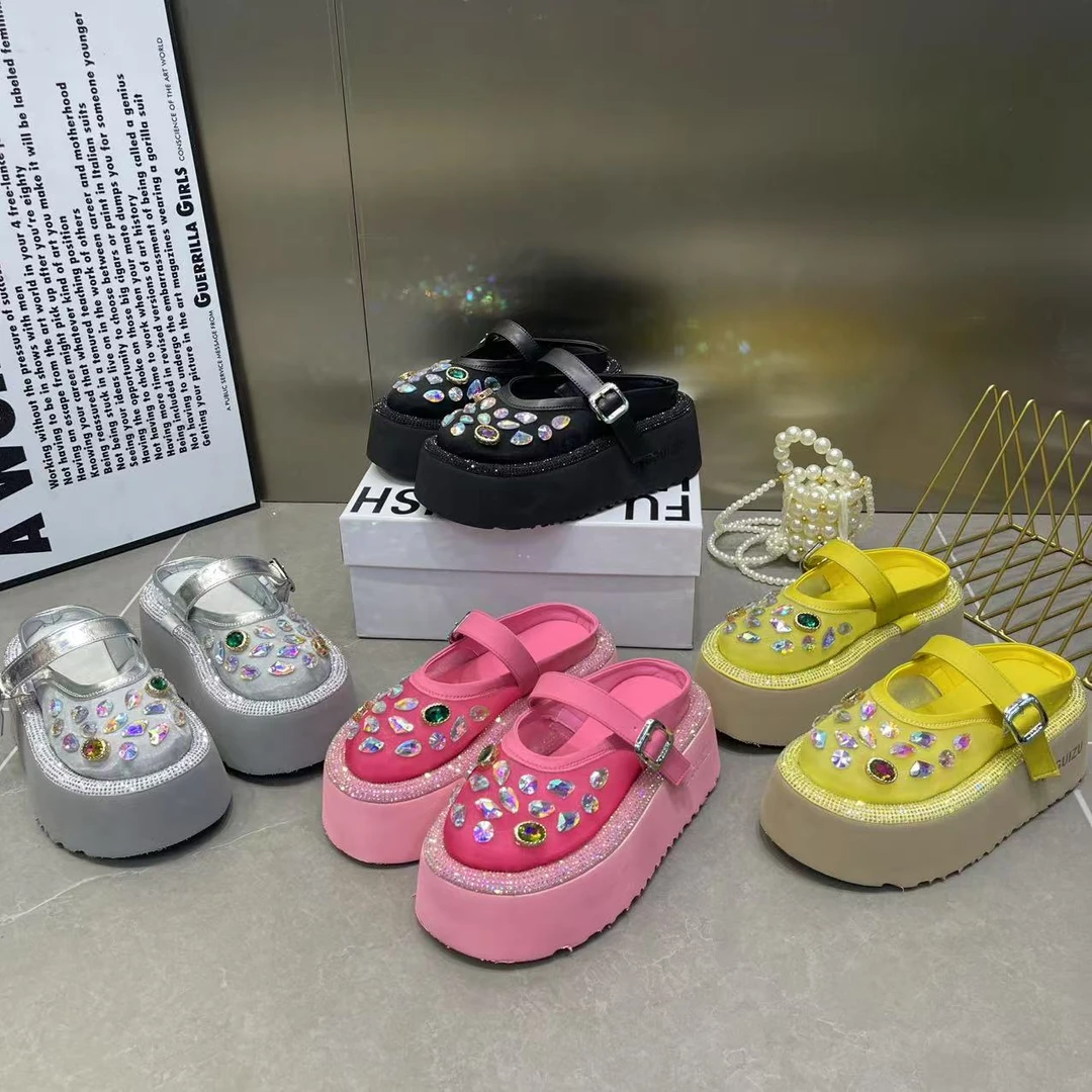 2025夏季新款水钻厚底增高包头拖鞋女时尚百搭休闲时尚凉拖鞋女鞋