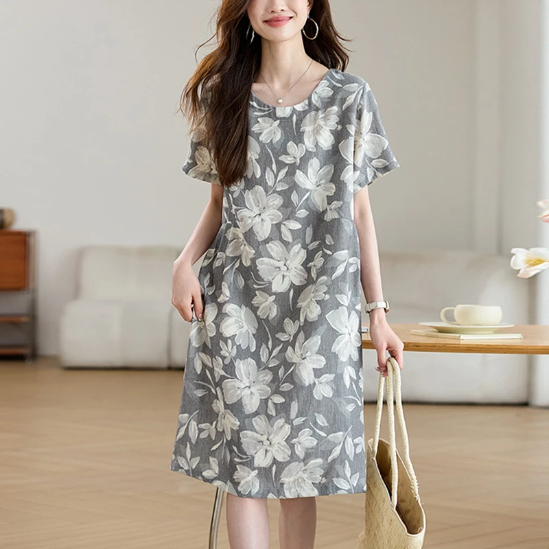 女装2025夏季新款连衣裙复古碎花休闲大码V领收腰显瘦长裙