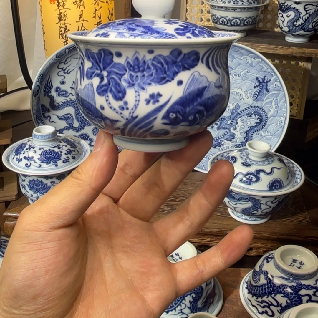 馨***藏汀蓝纯手工手绘布袋鱼藻盖碗