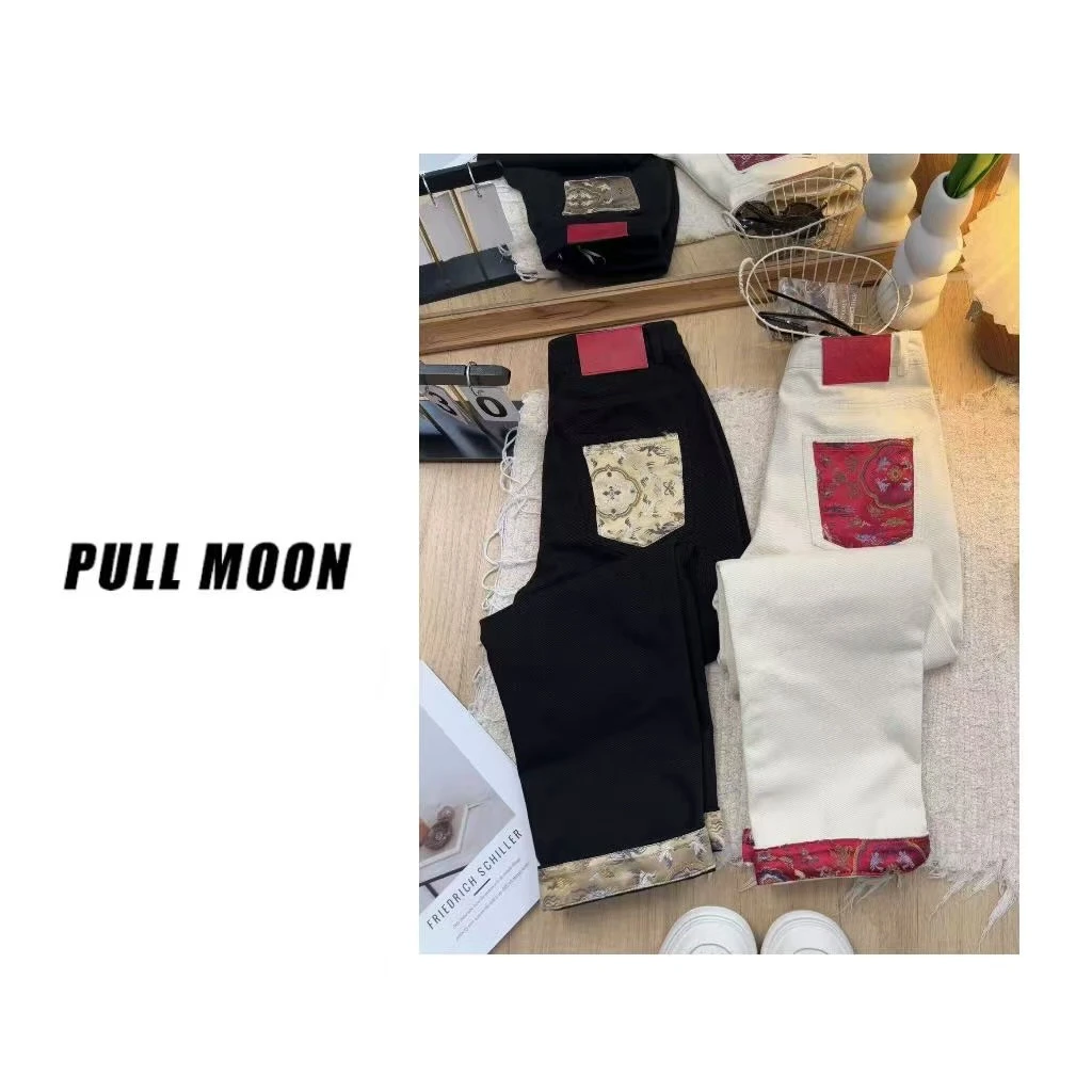 38-9668/125 裤脚拼接提花国风直筒裤休闲裤