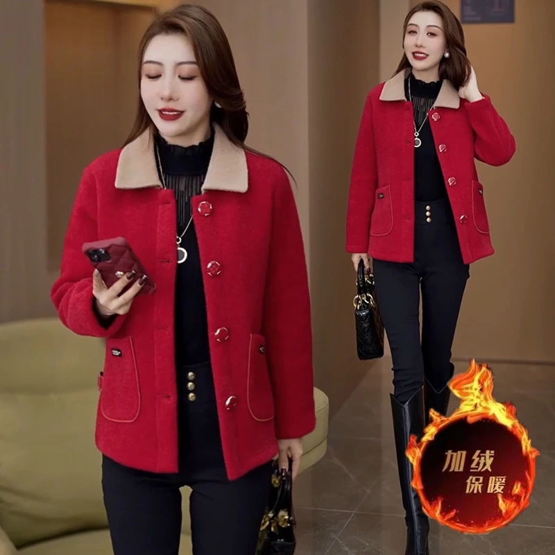 中年妈妈冬装水貂绒外套大衣短款洋气中老年秋冬毛呢外套加绒上衣