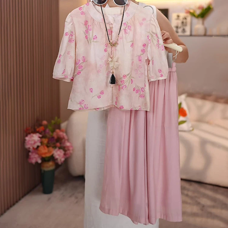 女童夏装2025新款套装洋气时髦碎花国风新中式休闲阔腿裤两件套