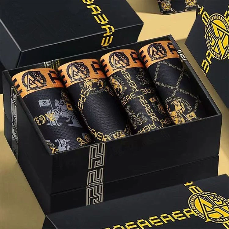 大码宽松男士内裤透气款奢华黑金印花潮流平角裤透气四角短裤裤衩