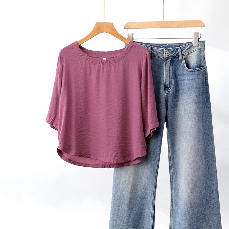 冰凉垂感~满分铜氨丝圆领夏季禅意风休闲小衫t恤女薄款五分袖小衫