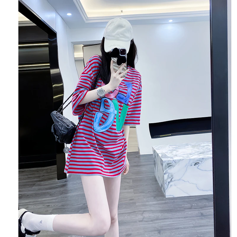 彩条纯棉t恤女短袖宽松2025新款爆款印花中长款欧货大版百搭体恤