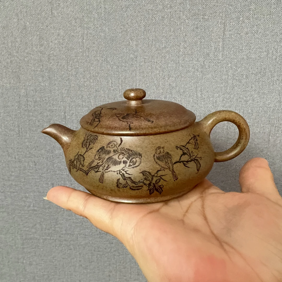 明炉150毫升花鸟刻绘原矿青段柴烧宜兴紫砂壶