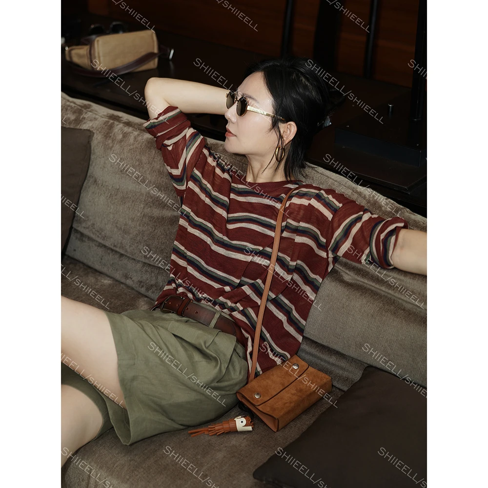 SHIIEELL条纹长袖夏老钱松弛女装多巴胺撞色透气针织防晒衫Z7202