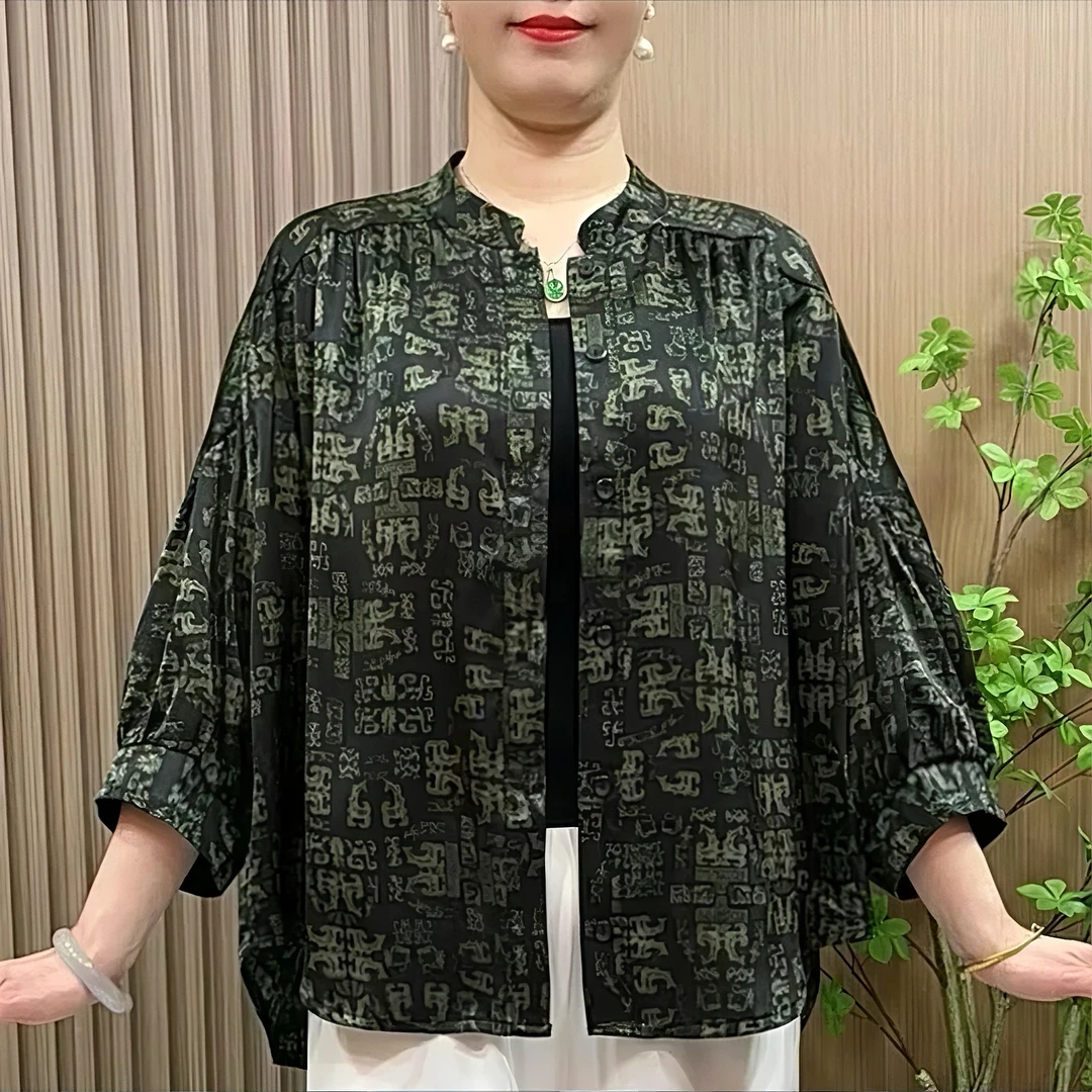 妈妈装春夏洋气衬衫中老年女装宽松遮肚时尚袖上衣薄款