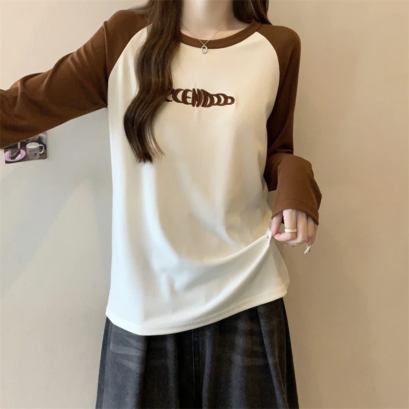 插肩长袖设计感撞色上衣春秋季女士胖MM大码宽松显瘦打底t恤13571