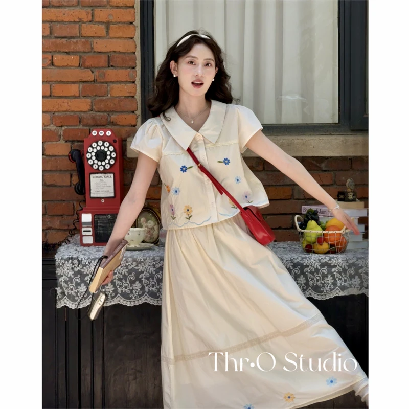 【夏日花圃】5/15法式重工刺绣设计感花丛娃娃领衬衫a字半身裙套装