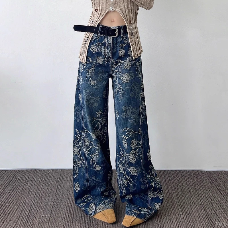 复古提花阔腿牛仔裤女秋季2025新款高腰显瘦气质今年流行直筒裤