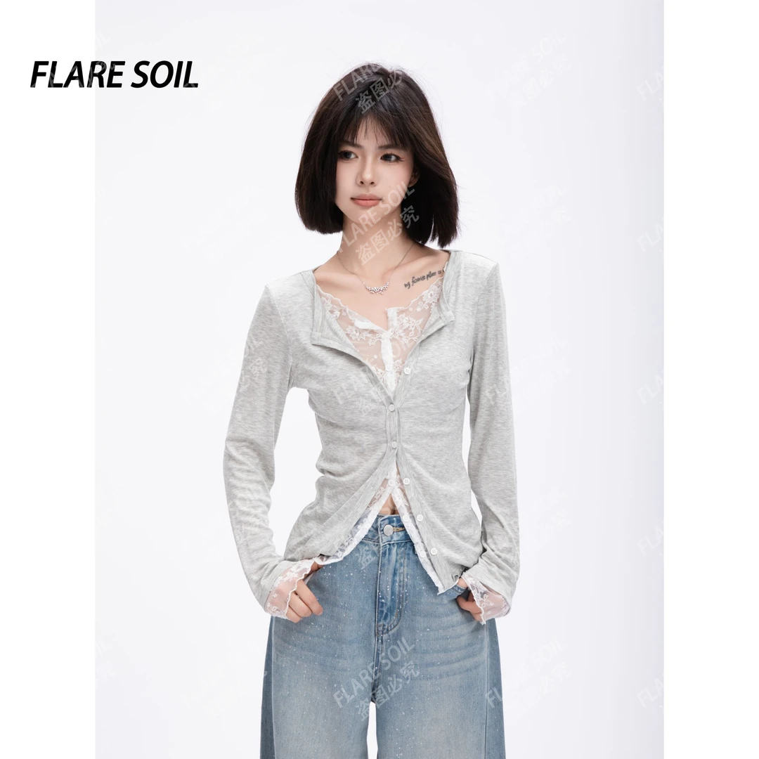 【FLARE SOIL】（现货）蕾丝衬衫防晒假两件长袖运动打底衫 T4361AE